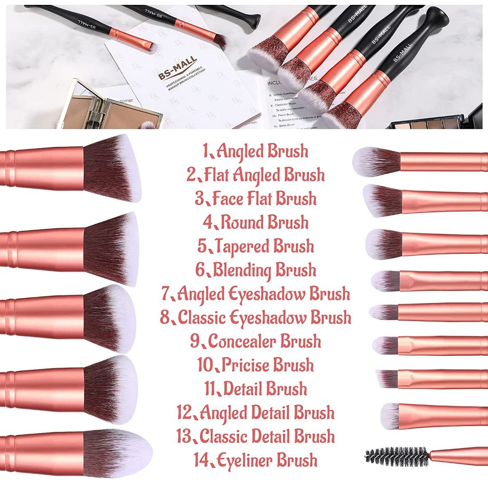 Stand Up Makeup Brushes Premium Synthetic Foundation Powder Concealers Eye Shadows Makeup 14 Pcs Brush Set, Rose Golden